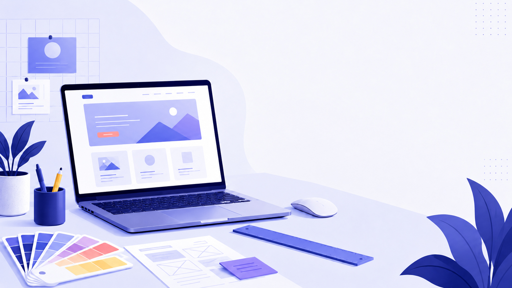 Illustrazione che rappresenta il costo di realizzazione di un sito web nel 2026, con laptop, elementi di design grafico e simboli di budget